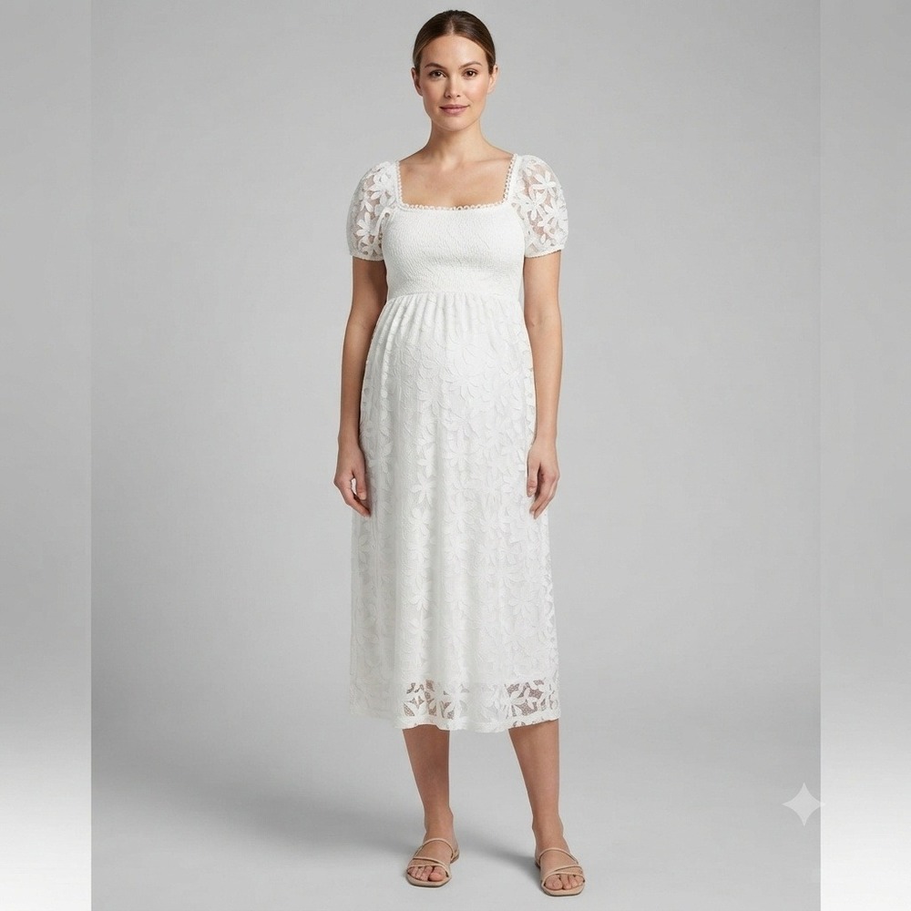 SirenLily Maternity Dress Womans Medium White Midi Sheer Sleeves Square Neck